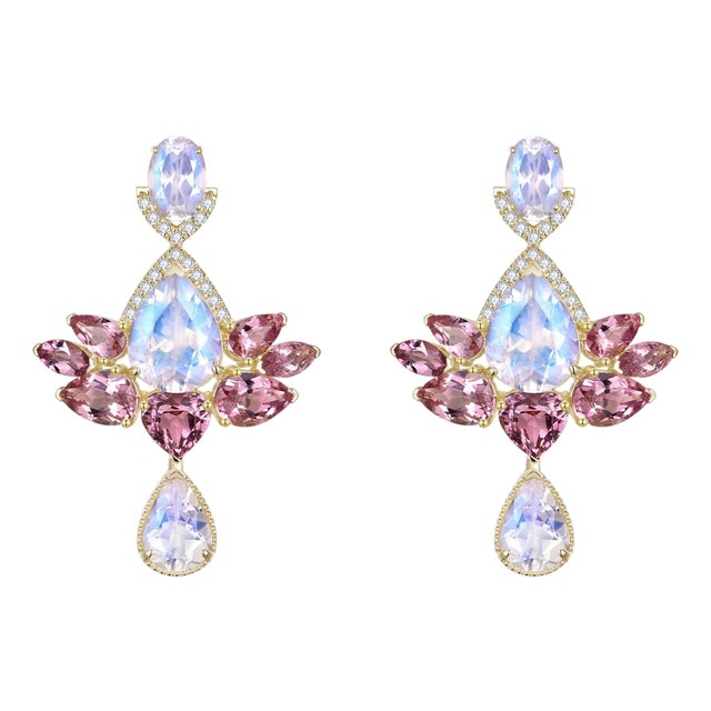 Nina Zhou 10.38ctw Aspire Lotus Moonstone Pink Tourmaline Diamond Drop Earring For Sale