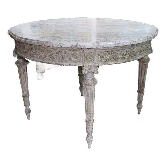 Antique French Louis XVI Style Painted Center Table With Marble Top, Late 1800s For Sale