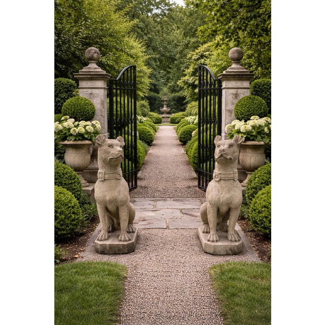A striking pair of English-style cast stone guardian dog statues, standing 32 inches tall and designed to make a timeless...