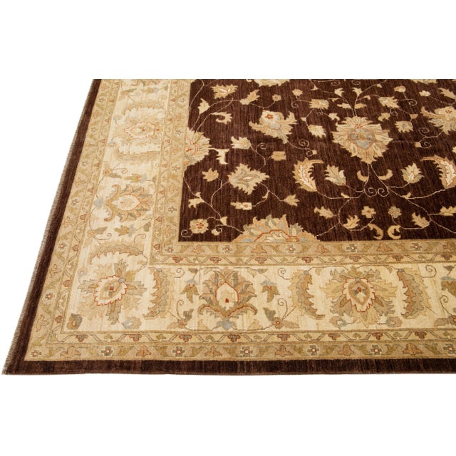 Brown Modern Peshawar Handmade Wool Rug With Palmettes Design For Sale - Image 4 of 7