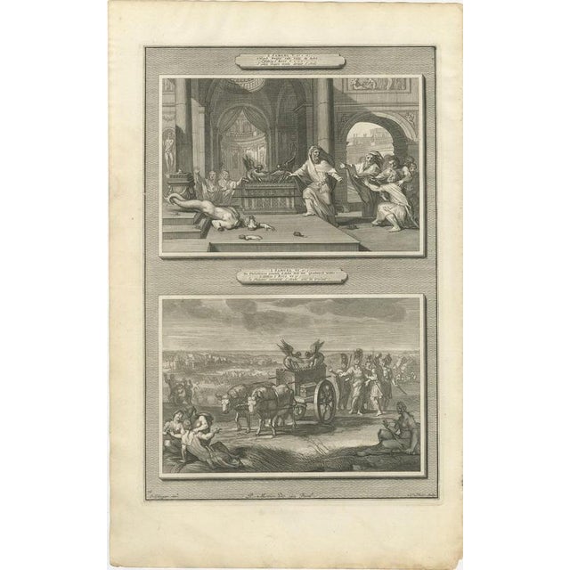 Baroque Pieter Mortier, Dagon Falls Before the Ark and the Ark Sent Back, 1700, Engraving For Sale - Image 3 of 12