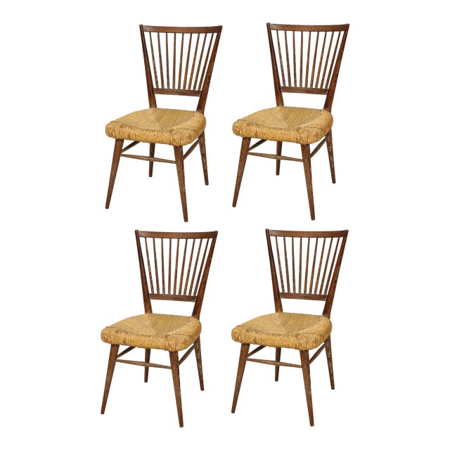 Set of 4 Italian Cerused Oak Chairs With Rushed Seats For Sale