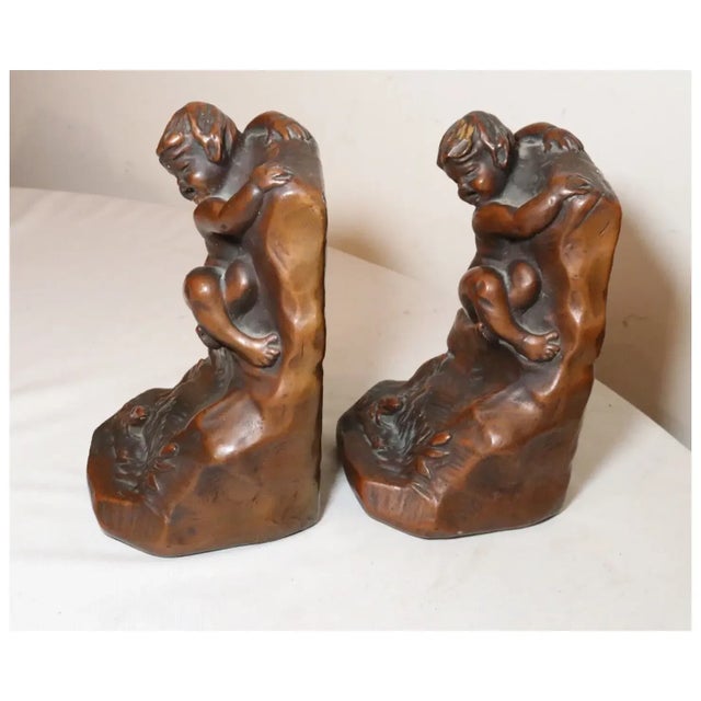 Large Pair of Antique Armor Patinated Bronze Clad Co. Nude Cherub Frog Bookends For Sale - Image 9 of 12