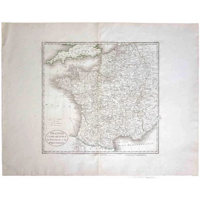 Map of France is an Original Etching realized by an unknown artist of 19th century in 1820. Very good condition on two...