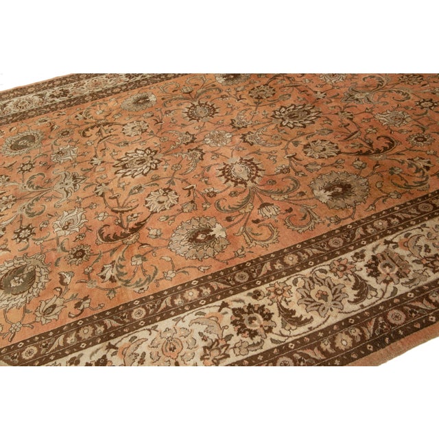 Antique Peach Persian Tabriz Wool Rug Floral Designed For Sale In New York - Image 6 of 10