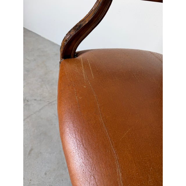 Brown Vintage French Louis XVI Style Carved Wood & Brown Leather Armchair For Sale - Image 8 of 12