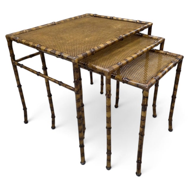 Vintage Hollywood Regency Faux Tortoiseshell, Faux Bamboo & Faux Cane Metal Nesting Tables – Set of 3 For Sale In Washington DC - Image 6 of 8