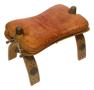 Antique Moroccan Camel Saddle Leather Footstool With Bronze Bell