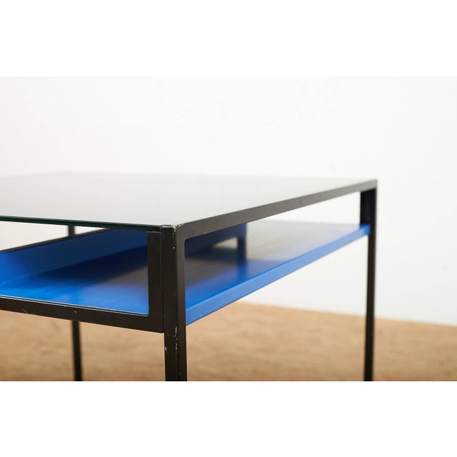 Coffee Table in Black Lacquered Metal Square Tube and Glass Top with Blue Metal Shelf For Sale - Image 6 of 11