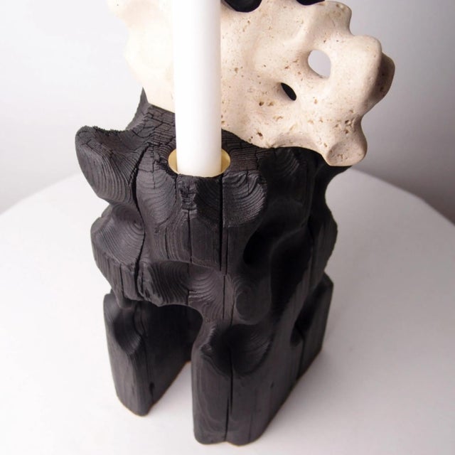 Wood Brutalist Wood and Stone Candle Holder - Holey Tower Candle Holder | Melting Series by Gabor Gobi For Sale - Image 7 of 13