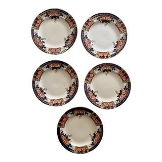Windsor Derby Antique Plates- Set of 5 - 8 Inch Cobalt Blue Russet Floral Thomas Hughes England Circa 1920 For Sale
