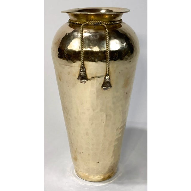 Hollywood Regency Vintage Hammered Brass Urn With Rope and Tassel Detail For Sale - Image 3 of 8