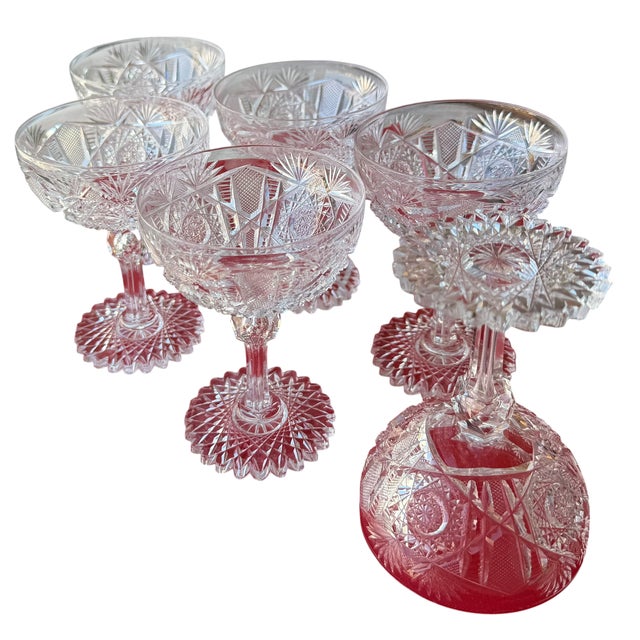 Set of 6 Antique American Brilliant Cut Glass Crystal Champagne Coup Wine Stems For Sale In Los Angeles - Image 6 of 7