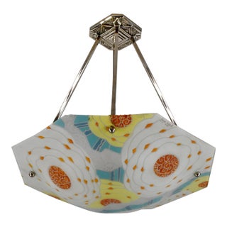 Loys Lucha French Art Deco Pendant Light 1930s - Octagonal Orange Abstract Shade For Sale