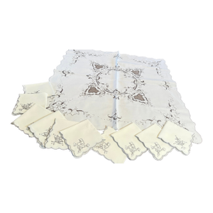 Art Deco Linen Tablecloth 32" X 33" , 10 Napkins C1930 Cream With Gray Trim Pristine