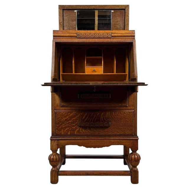 Antique English Golden Oak Secretaire with Mirrored Interior, 1900s For Sale - Image 14 of 14