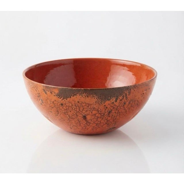 Mid-Century Modern Hanova of Pasadena Rare Enameled Steel "Lava" Bowl - Rust/Orange 3pc Set For Sale - Image 3 of 8