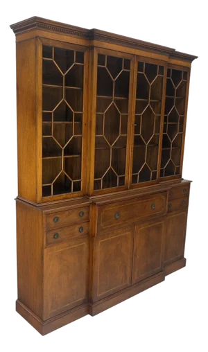 Charak Mahogany Inlaid Individual Bubble Glass Butlers Desk Breakfront Cupboard