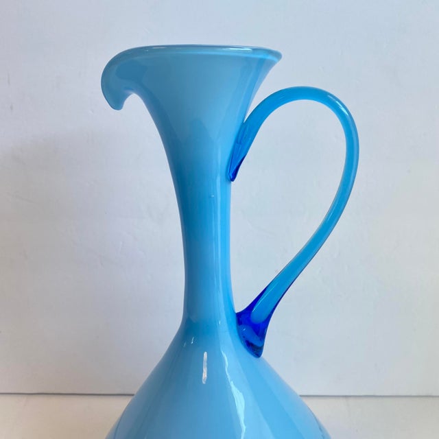 Mid 20th Century Italian Art Glass Pitcher Sky Blue Cased Glass Turquoise Vessel Attributed to Empoli Italy For Sale - Image 5 of 9