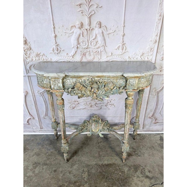 19th Century French Louis XVI Painted Gesso & Giltwood Console Table With Shaped Marble Top For Sale - Image 5 of 16