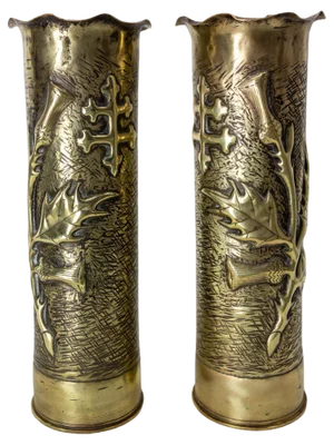 French World War I Brass Thistle and Cross of Lorraine Shells Casing, 1890s, Set of 2