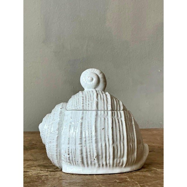 Traditional Vintage Boho Glazed Ceramic Conch Shell Honey Pot For Sale - Image 3 of 4