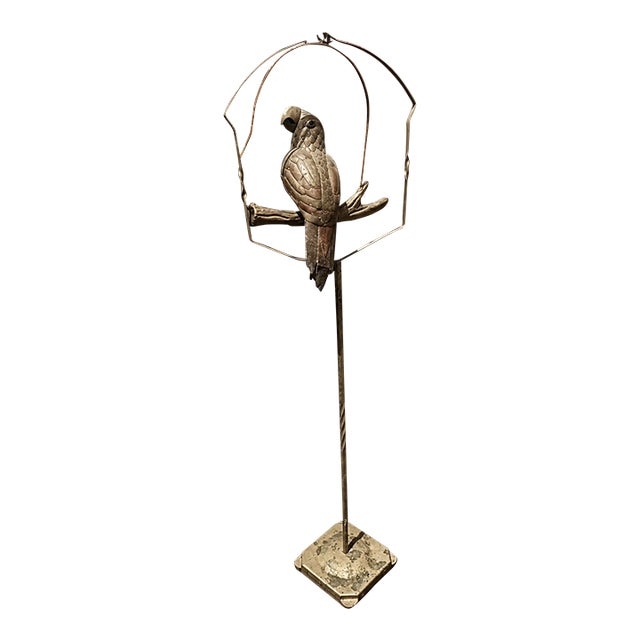 Vintage Brass & Copper Parrot on Perch With Stand & Hoop, Attributed to S. Bustamonte For Sale