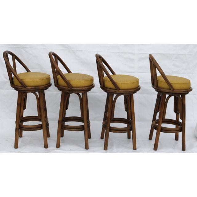 Mustard Mid Century Modern Bent Rattan Swivel Barstools With Back-Set of 4 For Sale - Image 8 of 12