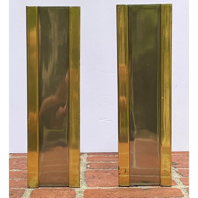Modern nickel and brass rectangular andirons in the manner of Karl Springer. Hand made circa 1970 from Danny Alessandro...