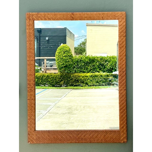 Mid-Century Modern Vintage Woven Leather Rectangular Mirror For Sale - Image 3 of 12