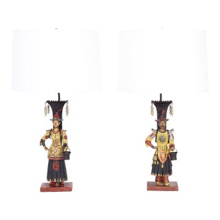 Pair of Painted Chinoiserie Figural Table Lamps For Sale