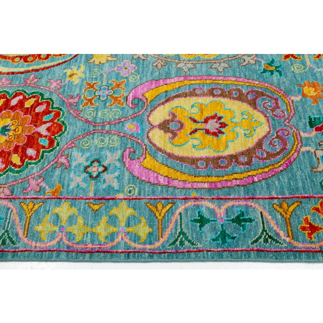 Contemporary Vibrant Oushak-Style Hand-Knotted Turquoise & Jewel-Tone Wool Rug For Sale - Image 12 of 12