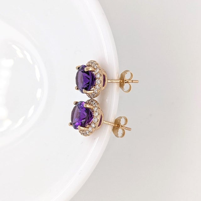 Metal 5ct Oval Amethyst Diamond Stud Earrings: Solid 14k Gold, Oval 10x8mm, Pair For Sale - Image 7 of 9