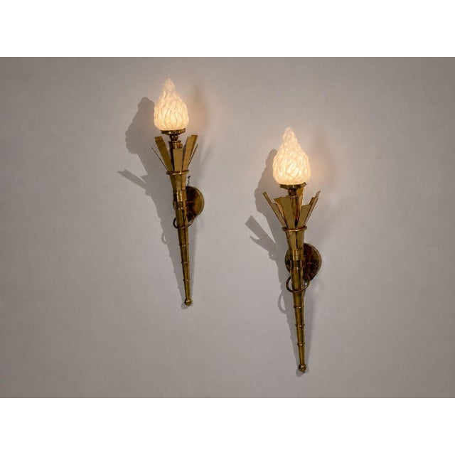 Neoclassical, Monumental Torchiere Wall Sconces or Wall Lights, Brass, Glass, 20th c. Pair of monumental wall sconces...