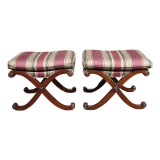 Hickory Chair Company X-Base Upholstered Mahogany Stools For Sale