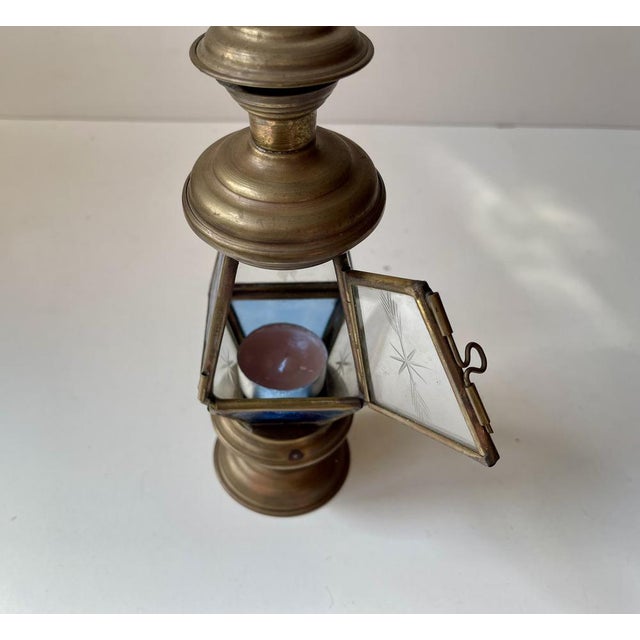 Metal Art Deco Lantern in Brass and Etched Colored Glass, 1930s For Sale - Image 7 of 8