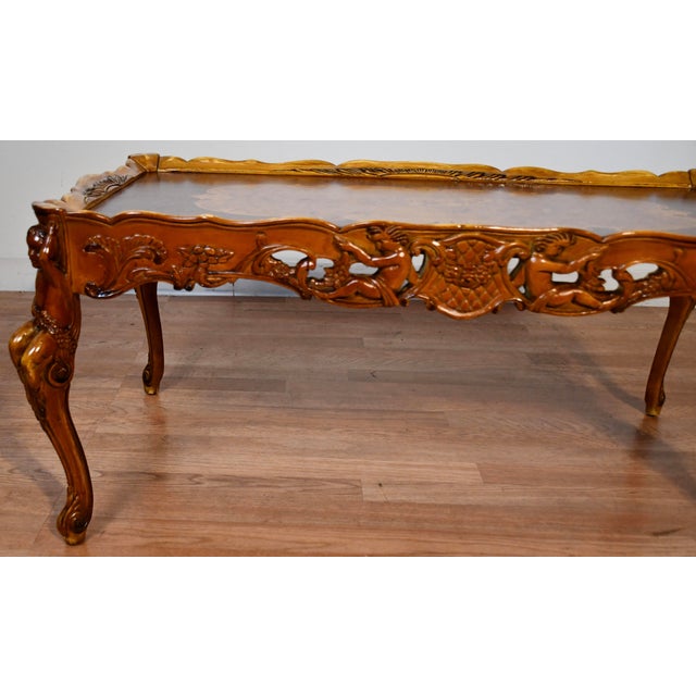 1930 French Walnut & Satinwood Inlay Carved Cherubs Hand Painted Coffee Table For Sale - Image 6 of 11