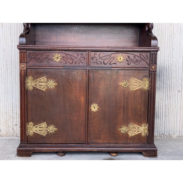 Arts & Crafts Oak Sideboard With Dry Bar Top and Cupboard in Oak, Bronze & Brass For Sale - Image 9 of 13