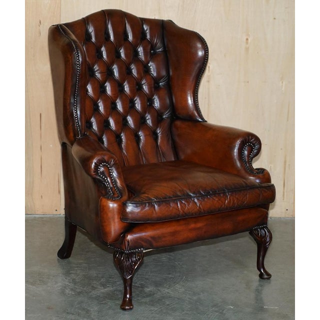 Chesterfield Wingback Chairs and Ottomans in Brown Leather, Set of 4 For Sale - Image 12 of 18