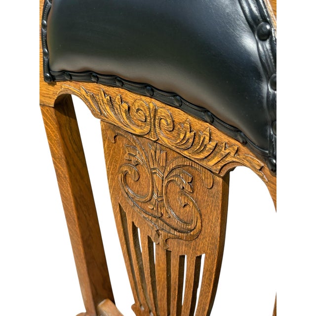 Antique Victorian Set of Six Tiger Oak Dining Chairs Leather Seats & Headrests For Sale - Image 11 of 12