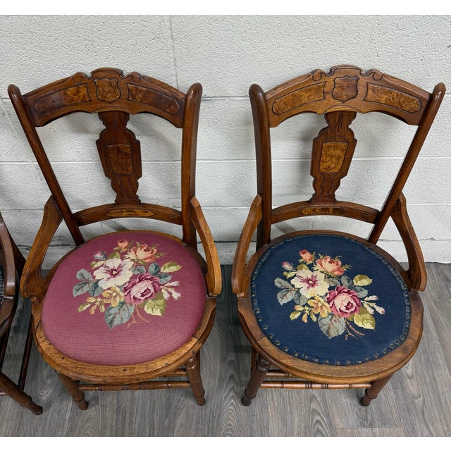 Antique Victorian Eastlake Style Walnut and Needlepoint Armchairs - Set of 4 For Sale In Kansas City - Image 6 of 10