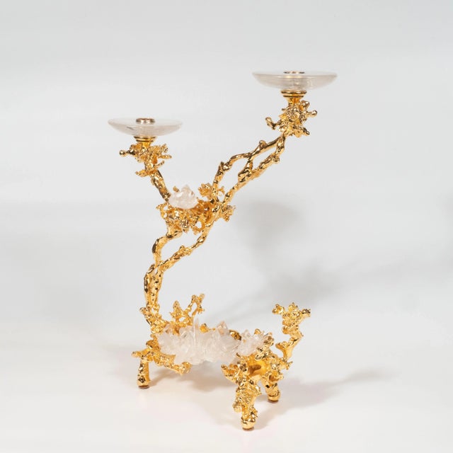 24kt Gold Double Branch Candlesticks With Rock Crystals by Claude Boeltz - a Pair For Sale - Image 9 of 13