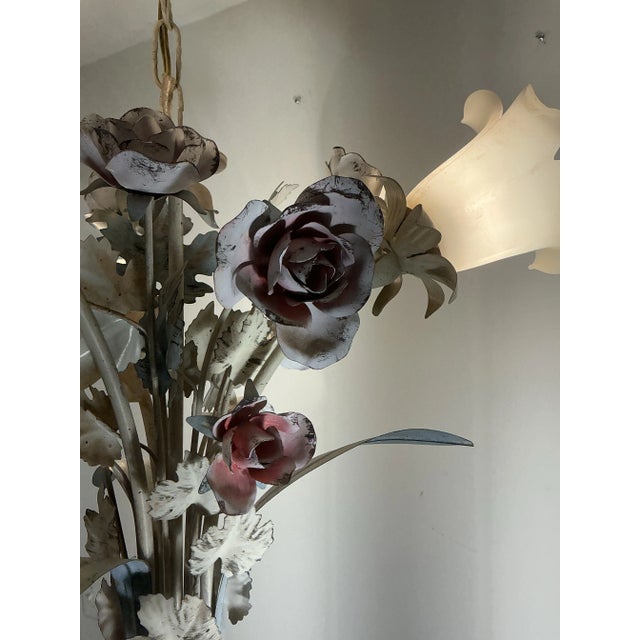 Rose Vintage Italian Toleware Tole Style Floral Rose Chandelier With Glass Shades For Sale - Image 8 of 12
