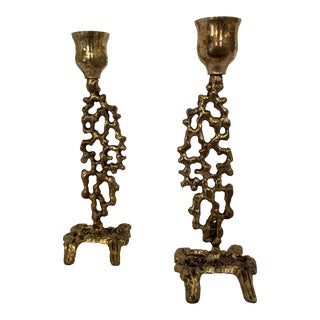 Mid 20th Century Brutalist Brass Candlesticks, Israel- a Pair For Sale