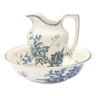 French Peonies Earth of Iron Blue Aguamanil and Jofaina from Lonwgy, 1890s, Set of 2 For Sale