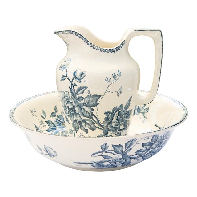 French Peonies Earth of Iron Blue Aguamanil and Jofaina from Lonwgy, 1890s, Set of 2 For Sale