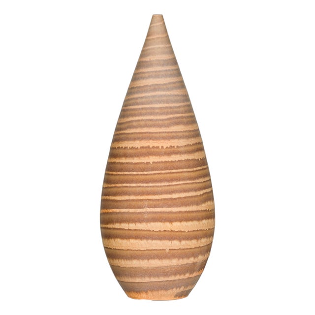 Tall Artisan Ceramic Vase with Brown Striped Glaze For Sale