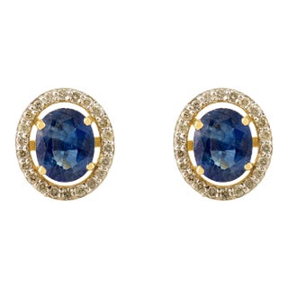 1.25ct Oval Cut Blue Sapphire Diamond Halo Statement Stud Earrings in 14k Gold- A Pair For Sale