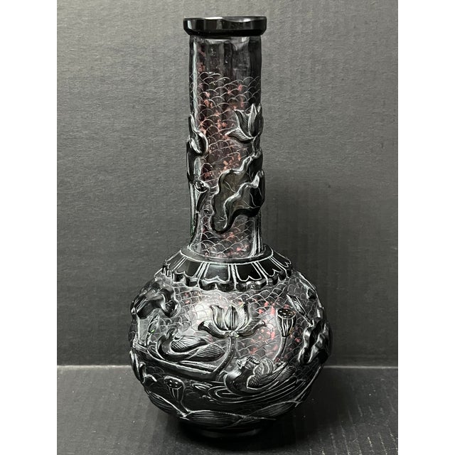 Late 20th Century Chinese Art Dark Brown Peking Glass Overlay Bottle Neck Vase With Bird and Floral Design For Sale - Image 5 of 10