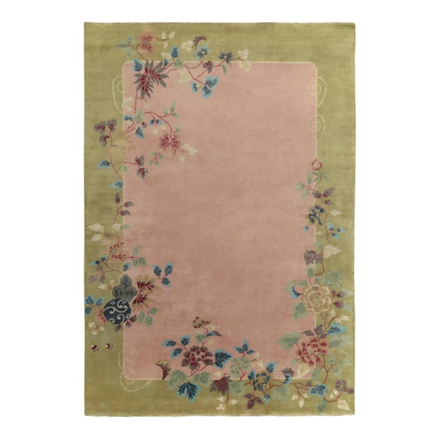 Pink Rug & Kilim Chinese Style Art Deco Rug in Pink, Green Border & Floral Patterns - 10'x14' For Sale - Image 8 of 8